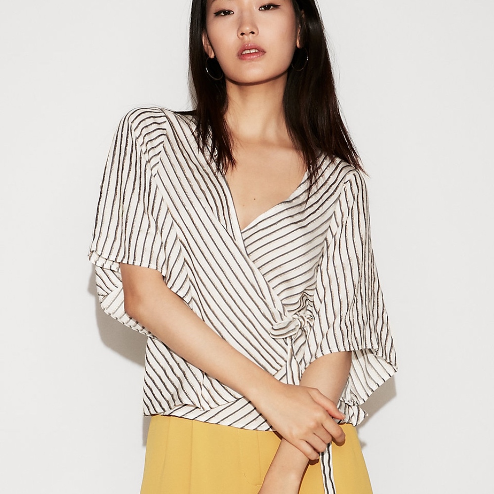 White Grey Yellow Striped Tie Front Kimono Blouse